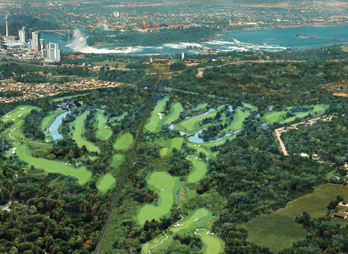Aerial view of golf course and surrounding area