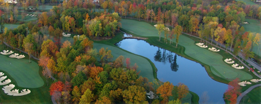 Aerial view of the 18th hole and 9th hole
